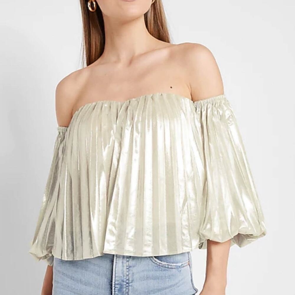 NWT EXPRESS metallic off shoulder pleated top 3/4 bubble sleeves 3155